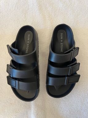 Sun + Stone Black Triple-Buckle Slide Sandals
